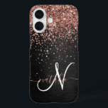 Custom Rose Gold Glitter Black Sparkle Monogram iPhone 16 Case<br><div class="desc">Easily personalize this trendy elegant phone case design featuring pretty rose gold sparkling glitter on a black brushed metallic background.</div>