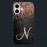 Custom Rose Gold Glitter Black Sparkle Monogram iPhone 16 Case<br><div class="desc">Easily personalize this trendy elegant phone case design featuring pretty rose gold sparkling glitter on a black brushed metallic background.</div>