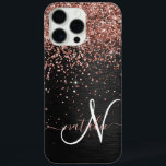 Custom Rose Gold Glitter Black Sparkle Monogram iPhone 16 Pro Max Case<br><div class="desc">Easily personalize this trendy elegant phone case design featuring pretty rose gold sparkling glitter on a black brushed metallic background.</div>