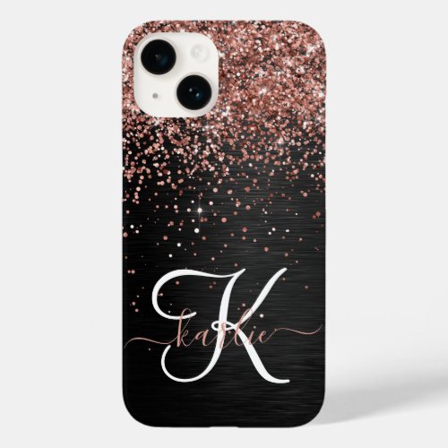 Custom Rose Gold Glitter Black Sparkle Monogram Case_Mate iPhone 14 Case