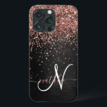 Custom Rose Gold Glitter Black Sparkle Monogram iPhone 13 Pro Case<br><div class="desc">Easily personalize this trendy elegant phone case design featuring pretty rose gold sparkling glitter on a black brushed metallic background.</div>