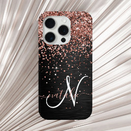 Custom Rose Gold Glitter Black Sparkle Monogram iPhone 15 Pro Case