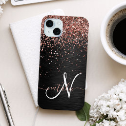  Custom Rose Gold Glitter Black Sparkle Monogram iPhone 15 Case