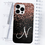 Custom Rose Gold Glitter Black Sparkle Monogram Case-Mate iPhone 14 Pro Max Case<br><div class="desc">Easily personalize this trendy elegant phone case design featuring pretty rose gold sparkling faux glitter on a black brushed metallic background.</div>