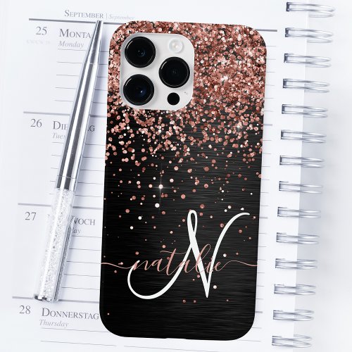 Custom Rose Gold Glitter Black Sparkle Monogram Case_Mate iPhone 14 Pro Max Case