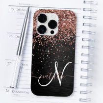 Custom Rose Gold Glitter Black Sparkle Monogram Case-Mate iPhone 14 Pro Case
