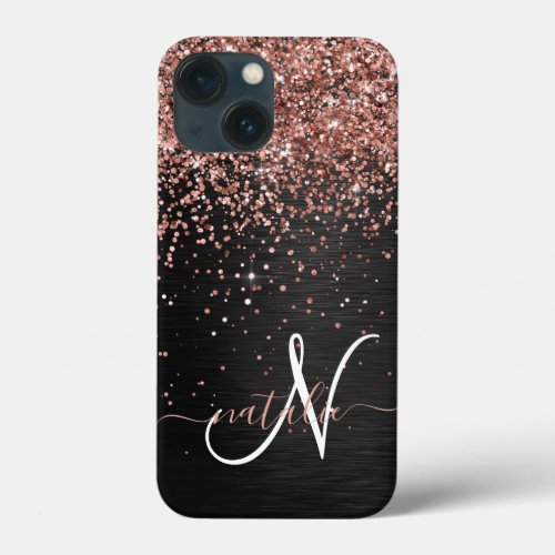 Custom Rose Gold Glitter Black Sparkle Monogram iPhone 13 Mini Case