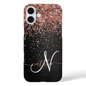 Custom Rose Gold Glitter Black Sparkle Monogram iPhone 16 Plus Case