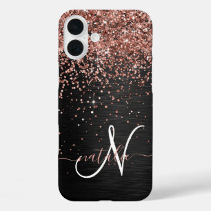 Custom Rose Gold Glitter Black Sparkle Monogram iPhone 16 Plus Case