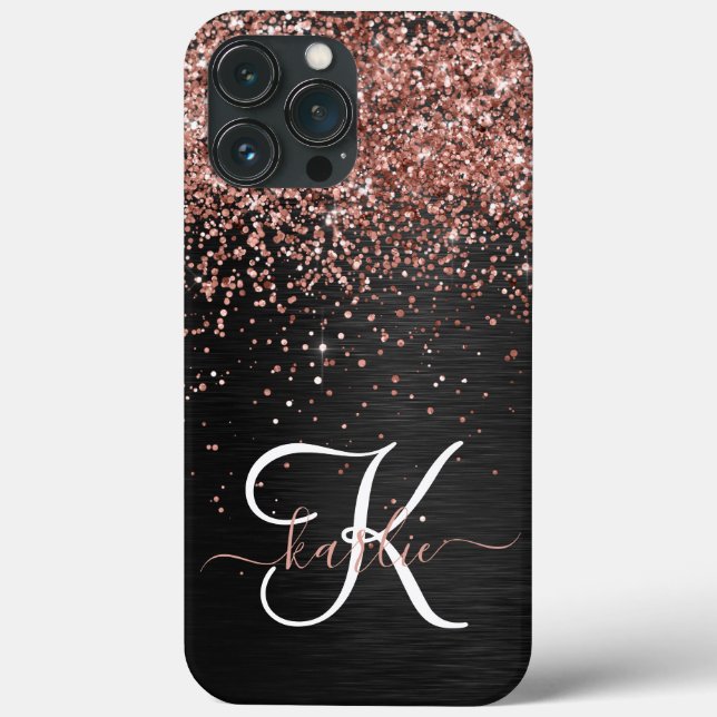 Custom Rose Gold Glitter Black Sparkle Monogram Case-Mate iPhone Case (Back)