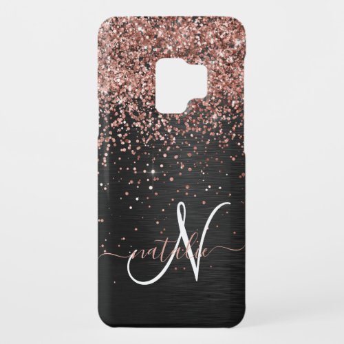 Custom Rose Gold Glitter Black Sparkle Monogram Case_Mate Samsung Galaxy S9 Case