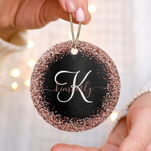 Custom Rose Gold Glitter Black Sparkle Monogram Ceramic Ornament