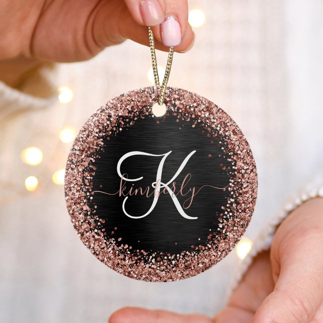 Custom Rose Gold Glitter Black Sparkle Monogram Ceramic Ornament (Creator Uploaded)