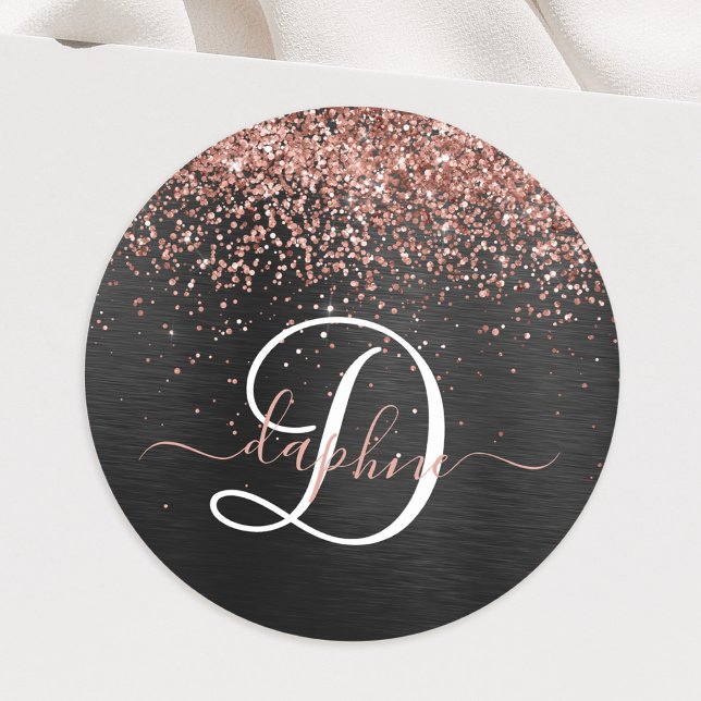 Custom Rose Gold Glitter Black Sparkle Monogram Classic Round Sticker (Creator Uploaded)