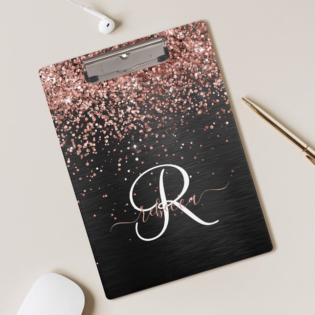 Custom Rose Gold Glitter Black Sparkle Monogram Clipboard (Creator Uploaded)