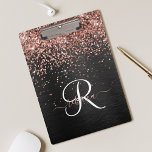 Custom Rose Gold Glitter Black Sparkle Monogram Clipboard