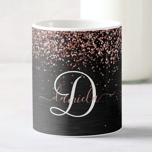 Custom Rose Gold Glitter Black Sparkle Monogram Coffee Mug