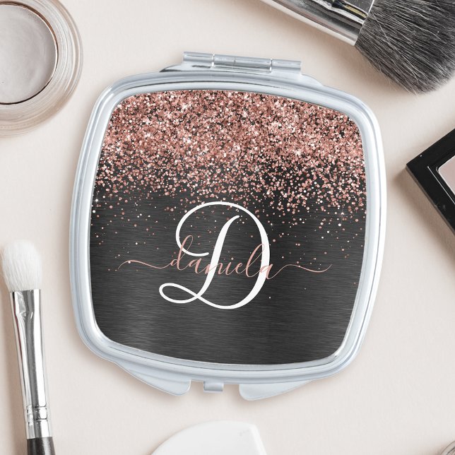  Custom Rose Gold Glitter Black Sparkle Monogram Compact Mirror (Creator Uploaded)