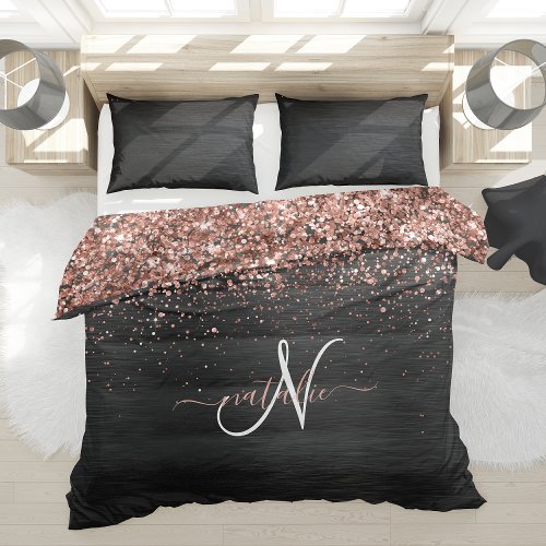 Custom Rose Gold Glitter Black Sparkle Monogram Duvet Cover