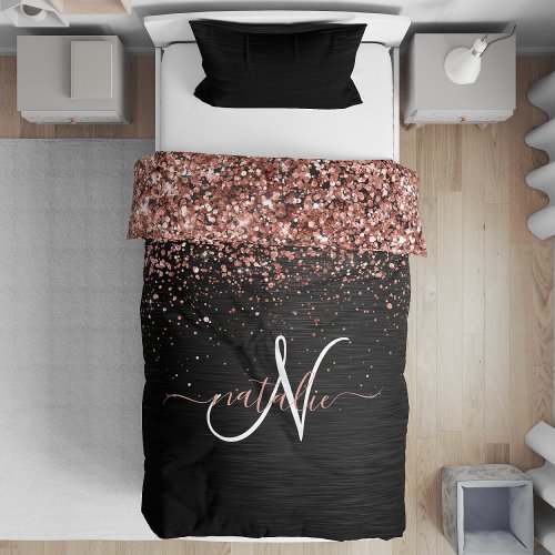 Custom Rose Gold Glitter Black Sparkle Monogram Duvet Cover