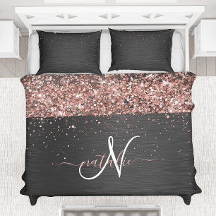 Custom Rose Gold Glitter Black Sparkle Monogram Duvet Cover