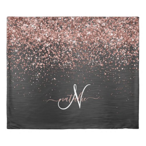 Custom Rose Gold Glitter Black Sparkle Monogram Duvet Cover