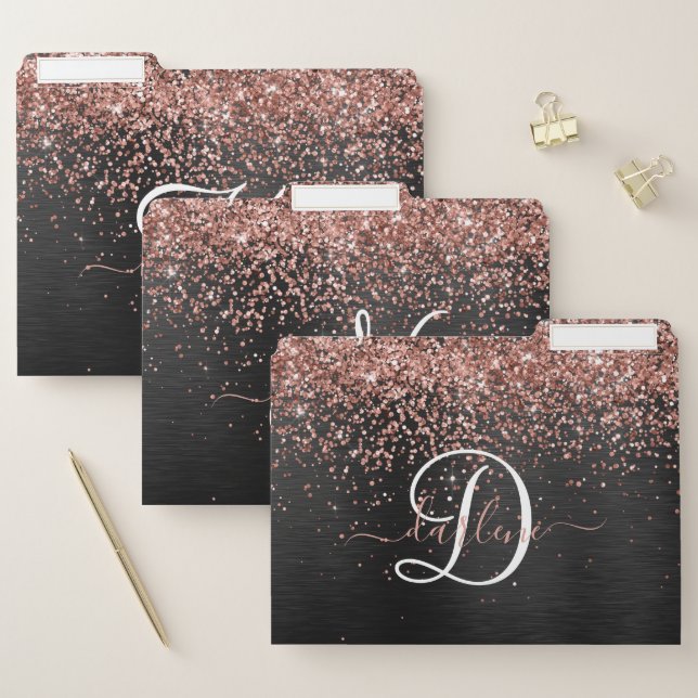 Custom Rose Gold Glitter Black Sparkle Monogram File Folder (Set)