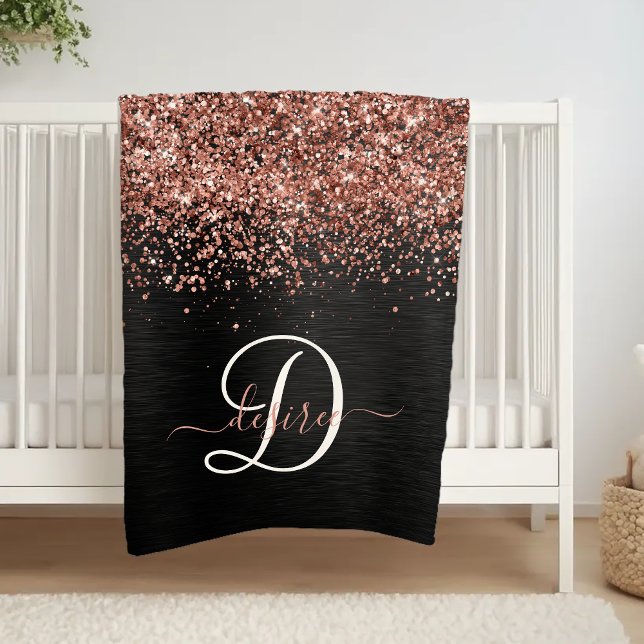 Custom Rose Gold Glitter Black Sparkle Monogram  Fleece Blanket (Creator Uploaded)