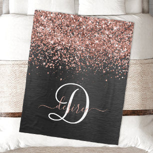 Custom Rose Gold Glitter Black Sparkle Monogram Fleece Blanket