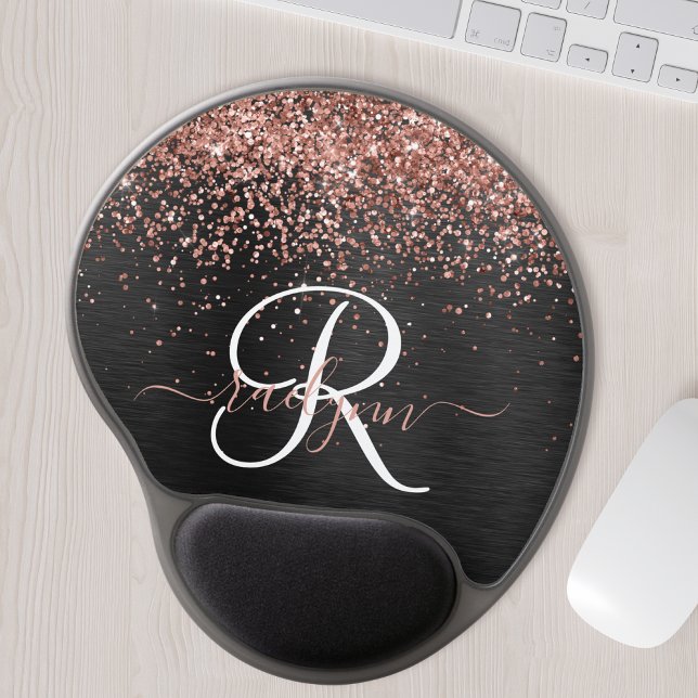 Custom Rose Gold Glitter Black Sparkle Monogram  Gel Mouse Pad (Creator Uploaded)