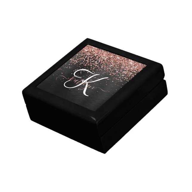Custom Rose Gold Glitter Black Sparkle Monogram Gift Box (Side)