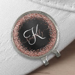 Custom Rose Gold Glitter Black Sparkle Monogram Golf Hat Clip<br><div class="desc">Easily personalize this trendy elegant golf hat clip design featuring pretty rose gold sparkling glitter on a black brushed metallic background.</div>