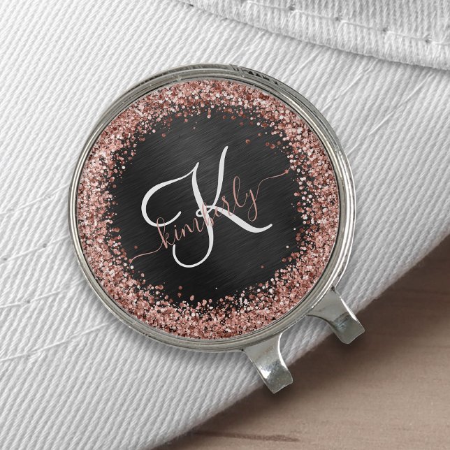 Custom Rose Gold Glitter Black Sparkle Monogram Golf Hat Clip (Creator Uploaded)