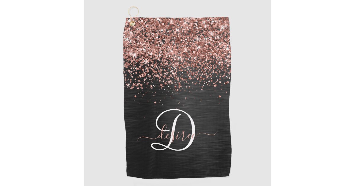 Rose Gold Glitter Diamonds on Black Monogram Golf Towel, Zazzle