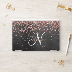 Custom Rose Gold Glitter Black Sparkle Monogram HP Laptop Skin