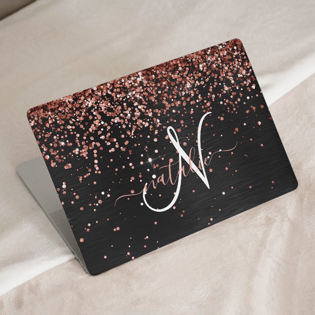 Custom Rose Gold Glitter Black Sparkle Monogram HP Laptop Skin (Creator Uploaded)