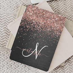 Custom Rose Gold Glitter Black Sparkle Monogram iPad Air Cover