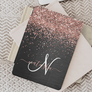Custom Rose Gold Glitter Black Sparkle Monogram iPad Mini Cover