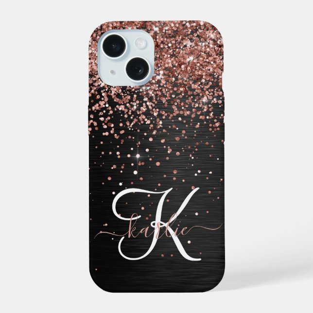 Custom Rose Gold Glitter Black Sparkle Monogram iPhone 15 Case (Back)