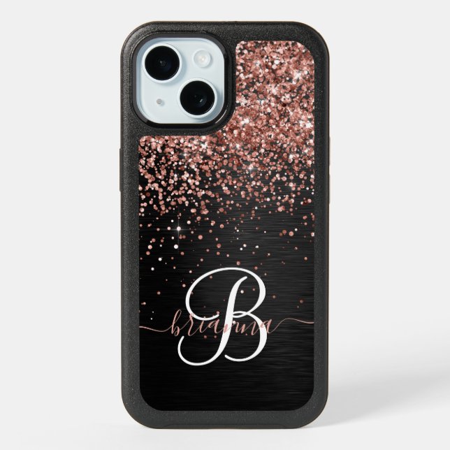 Custom Rose Gold Glitter Black Sparkle Monogram iPhone 15 Case (Back)