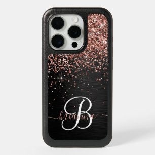 Custom Rose Gold Glitter Black Sparkle Monogram iPhone 15 Pro Case