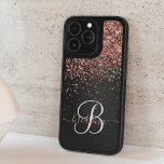 Custom Rose Gold Glitter Black Sparkle Monogram iPhone 15 Pro Max Case<br><div class="desc">Easily personalize this trendy elegant phone case design featuring pretty rose gold sparkling glitter on a black brushed metallic background.</div>