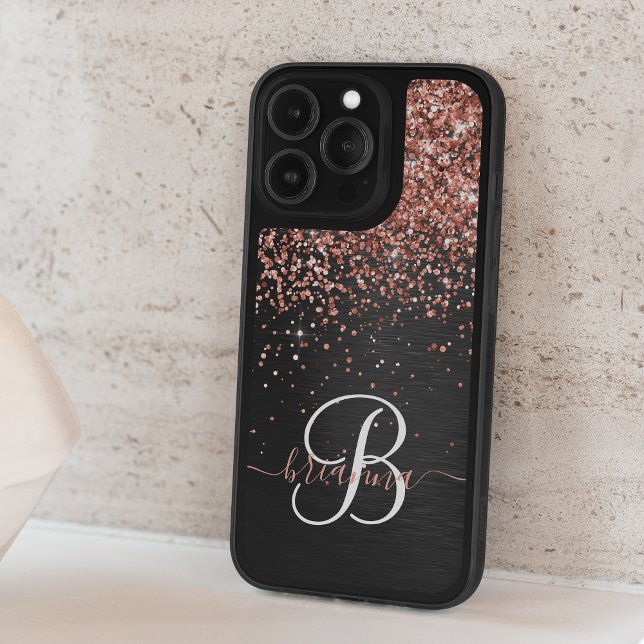 Custom Rose Gold Glitter Black Sparkle Monogram iPhone 15 Pro Max Case (Creator Uploaded)