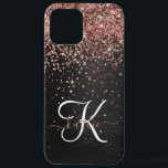 Custom Rose Gold Glitter Black Sparkle Monogram iPhone 12 Pro Max Case<br><div class="desc">Easily personalize this trendy elegant phone case design featuring pretty rose gold sparkling glitter on a black brushed metallic background.</div>