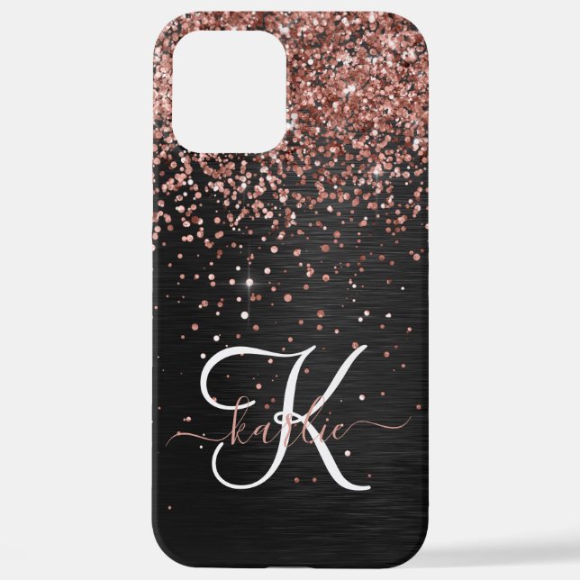 Custom Rose Gold Glitter Black Sparkle Monogram iPhone Case (Back)