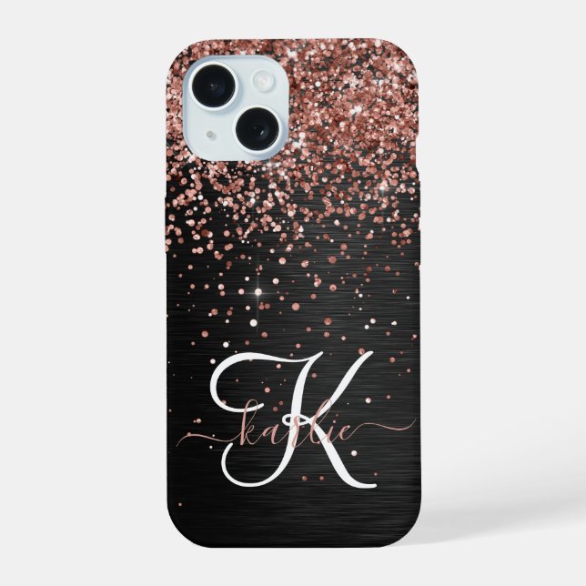Custom Rose Gold Glitter Black Sparkle Monogram Iphone Case (Back)