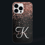 Custom Rose Gold Glitter Black Sparkle Monogram iPhone 14 Pro Max Case<br><div class="desc">Easily personalize this trendy elegant phone case design featuring pretty rose gold sparkling glitter on a black brushed metallic background.</div>