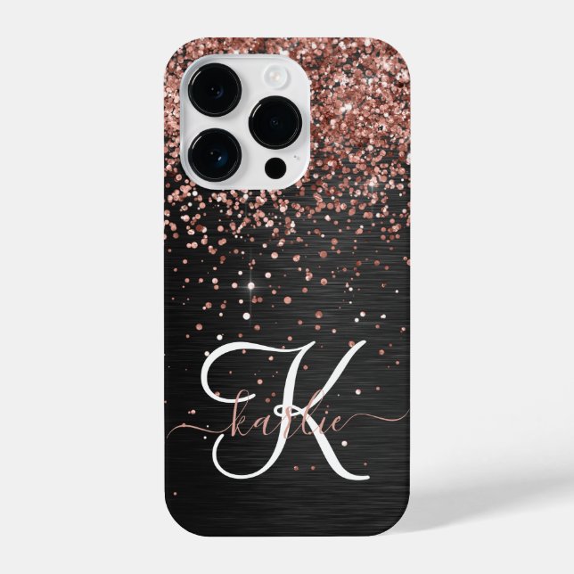 Custom Rose Gold Glitter Black Sparkle Monogram iPhone Case (Back)