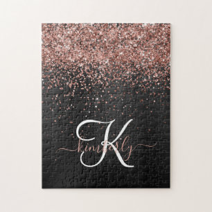 Custom Rose Gold Glitter Black Sparkle Monogram Jigsaw Puzzle