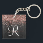 Custom Rose Gold Glitter Black Sparkle Monogram Keychain<br><div class="desc">Easily personalize this trendy elegant keychain design featuring pretty rose gold sparkling glitter on a black brushed metallic background.</div>
